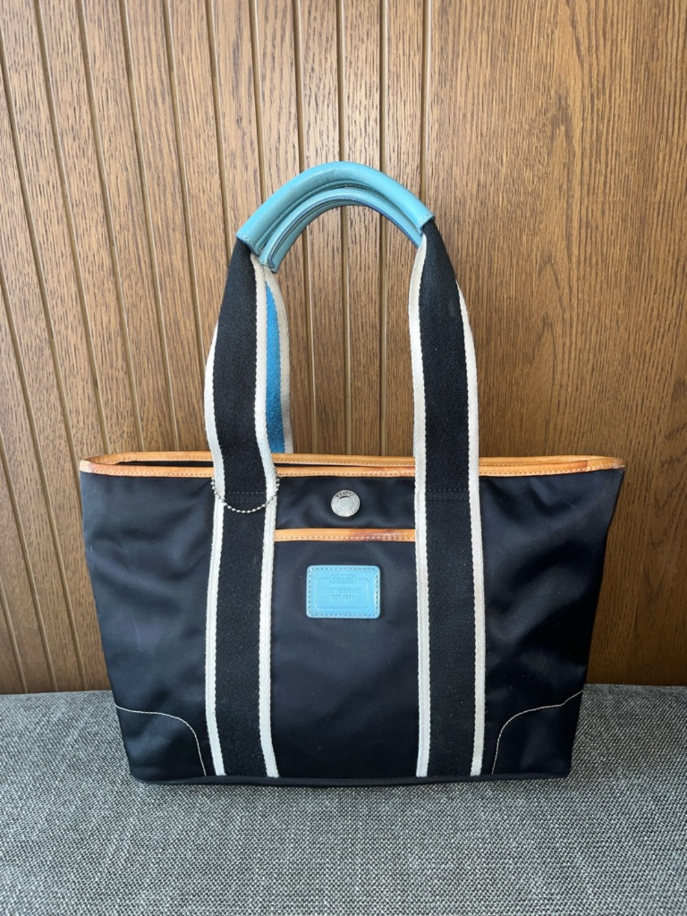 Coach Black Tote with Blue Accent and Tan Trim